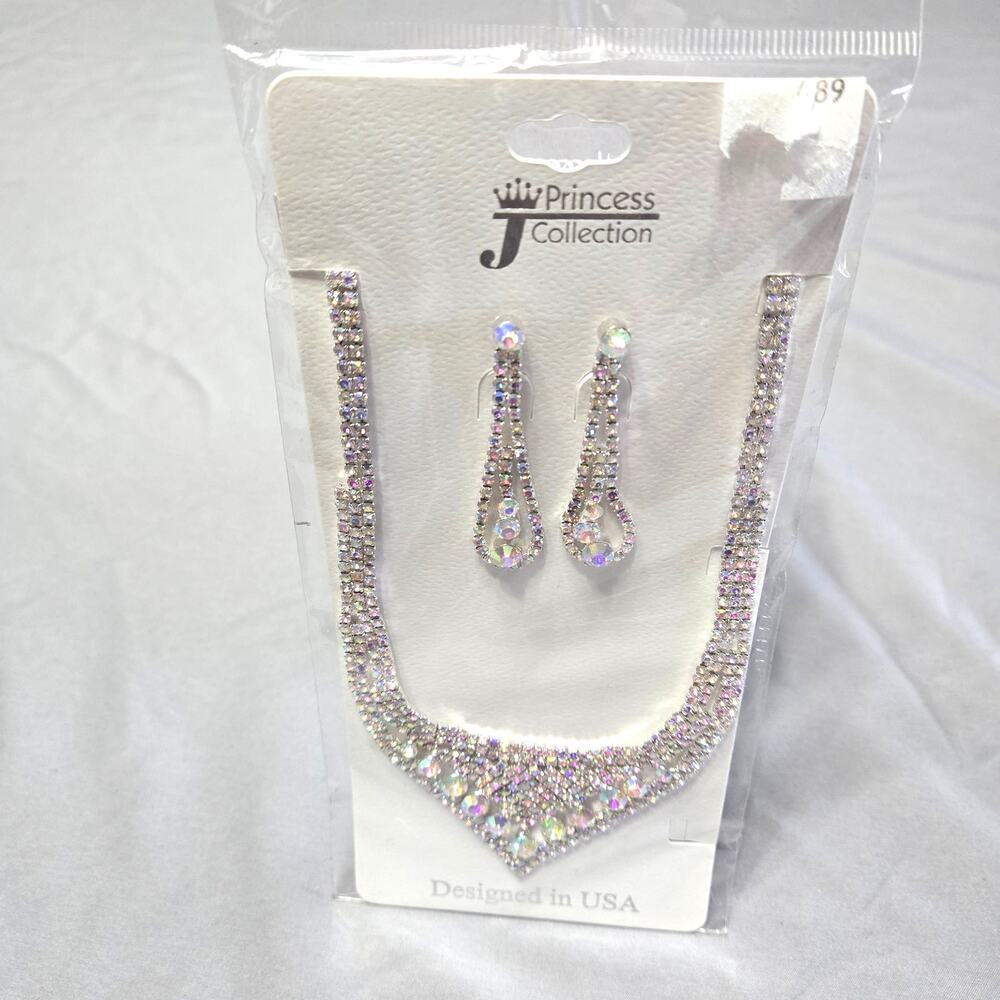 Princess Collection Crystal AB Rhinestone Necklace & Earrings Set